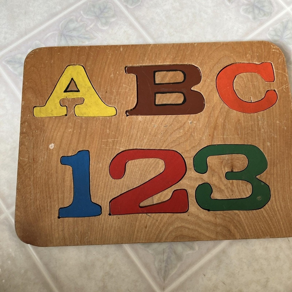 VINTAGE MID CENTURY A B C - 1 2 3 WOODEN PUZZLE Waldorf Montessori 6 Piece